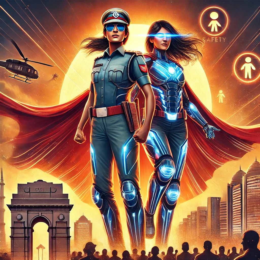 Illustration of two empowered women heroes, one dressed as a police officer and the other in futuristic armor with glowing features, standing against the backdrop of Delhi landmarks and a rising sun, symbolizing safety and bravery.