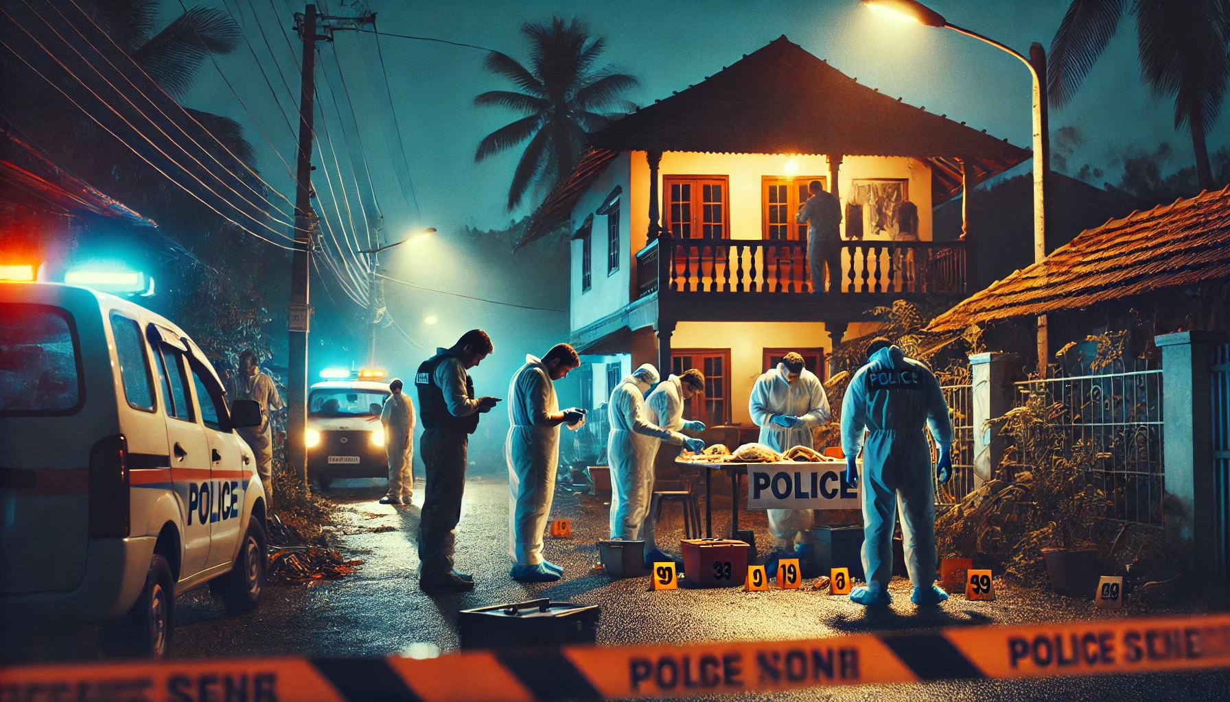 Crime scene in a small Indian town at night with police barricades and forensic investigators.