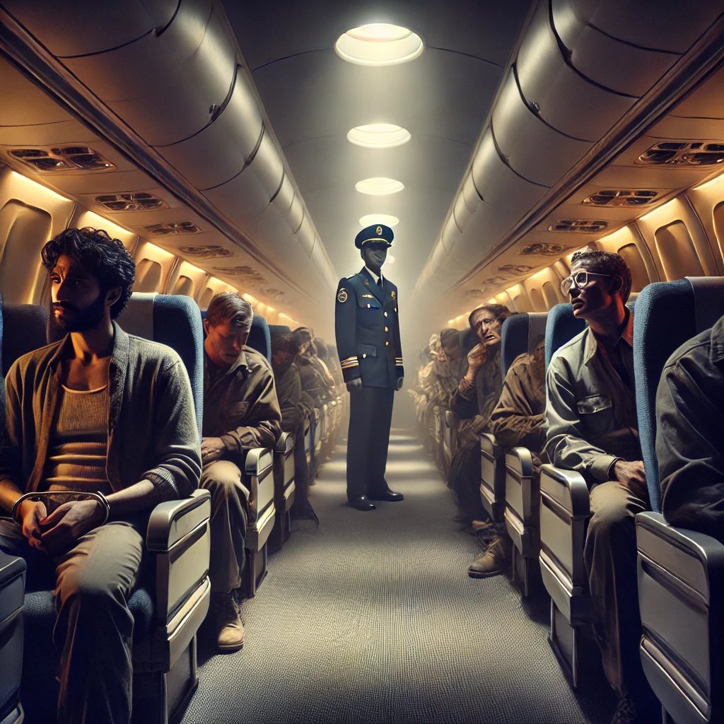 Deportation flight from the U.S. to India showing restrained passengers and a tense atmosphere inside the airplane.
