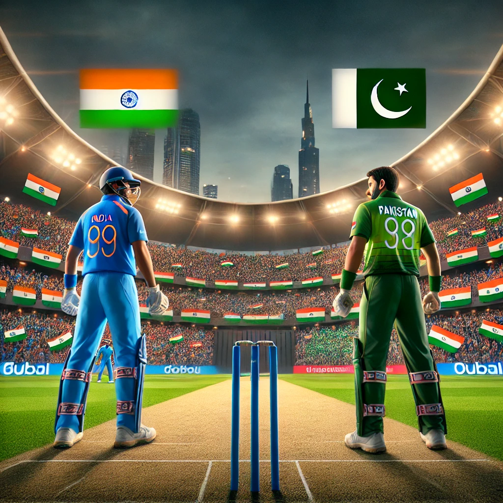 India vs Pakistan Champions Trophy 2025 match at Dubai International Cricket Stadium, featuring players in action under bright stadium lights with a cheering crowd.